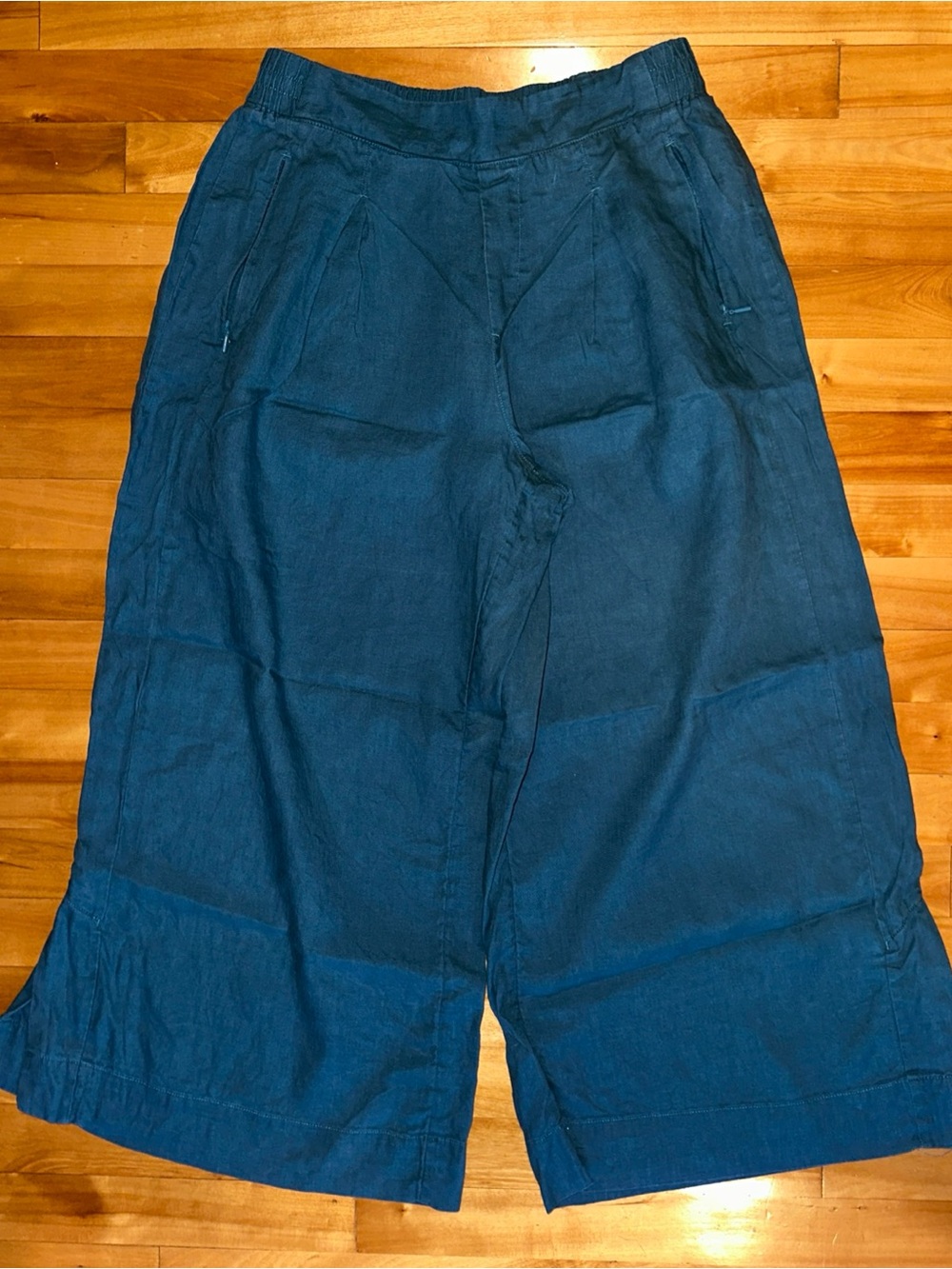 Athleta Playa Linen Wide Leg Crop Pants Womens 10 Teal Pleated High Rise 798591 - Picture 2 of 12